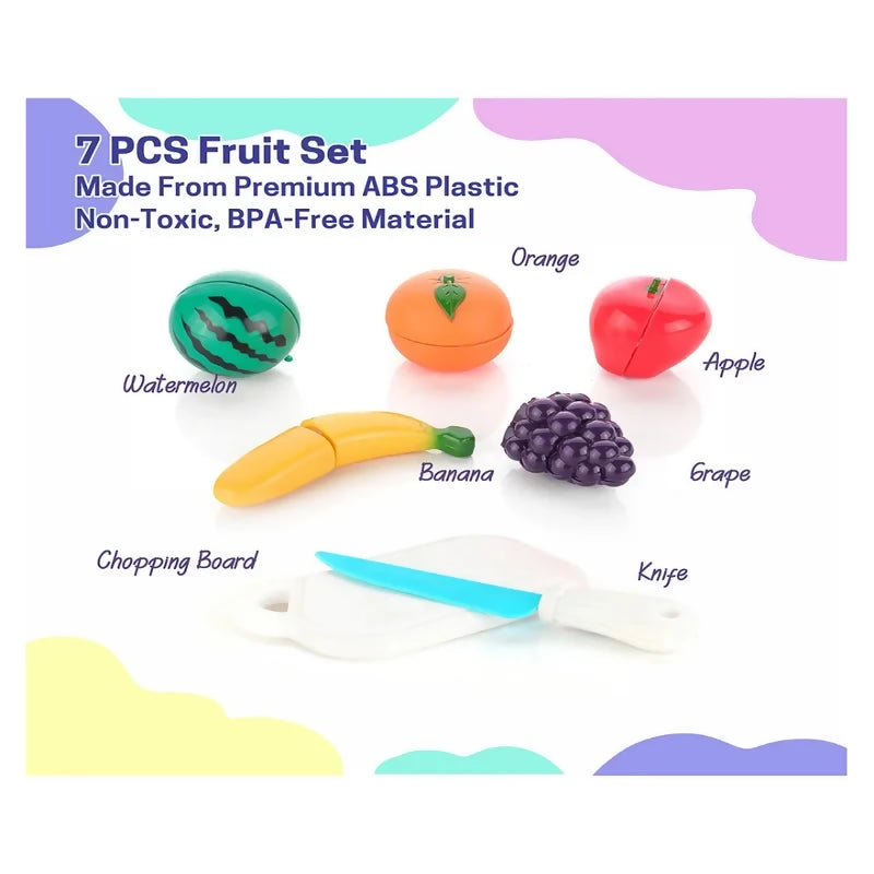 A watermelon, orange, apple, banana, grape cluster, white chopping board, and blue knife are displayed with labels.