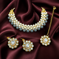 Grey Beaded Crystal Pearl Choker Necklace Set with Earrings & Maang Tikka Women