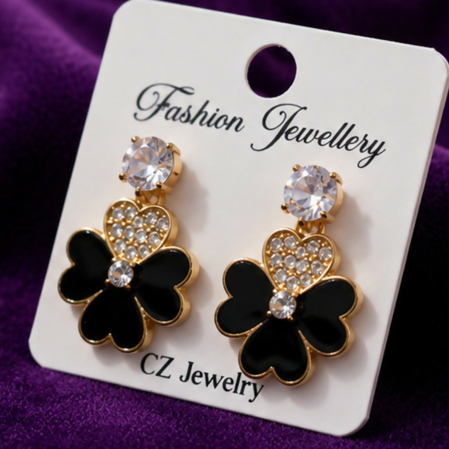 Black Clover Charm Earrings with Heart-Shaped Crystal Accent and Gold-Tone Finish