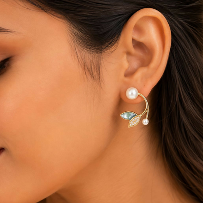 Luxury Pearl Leaf Design Stud Earrings with Crystal Accent for Women Party Wear Pair