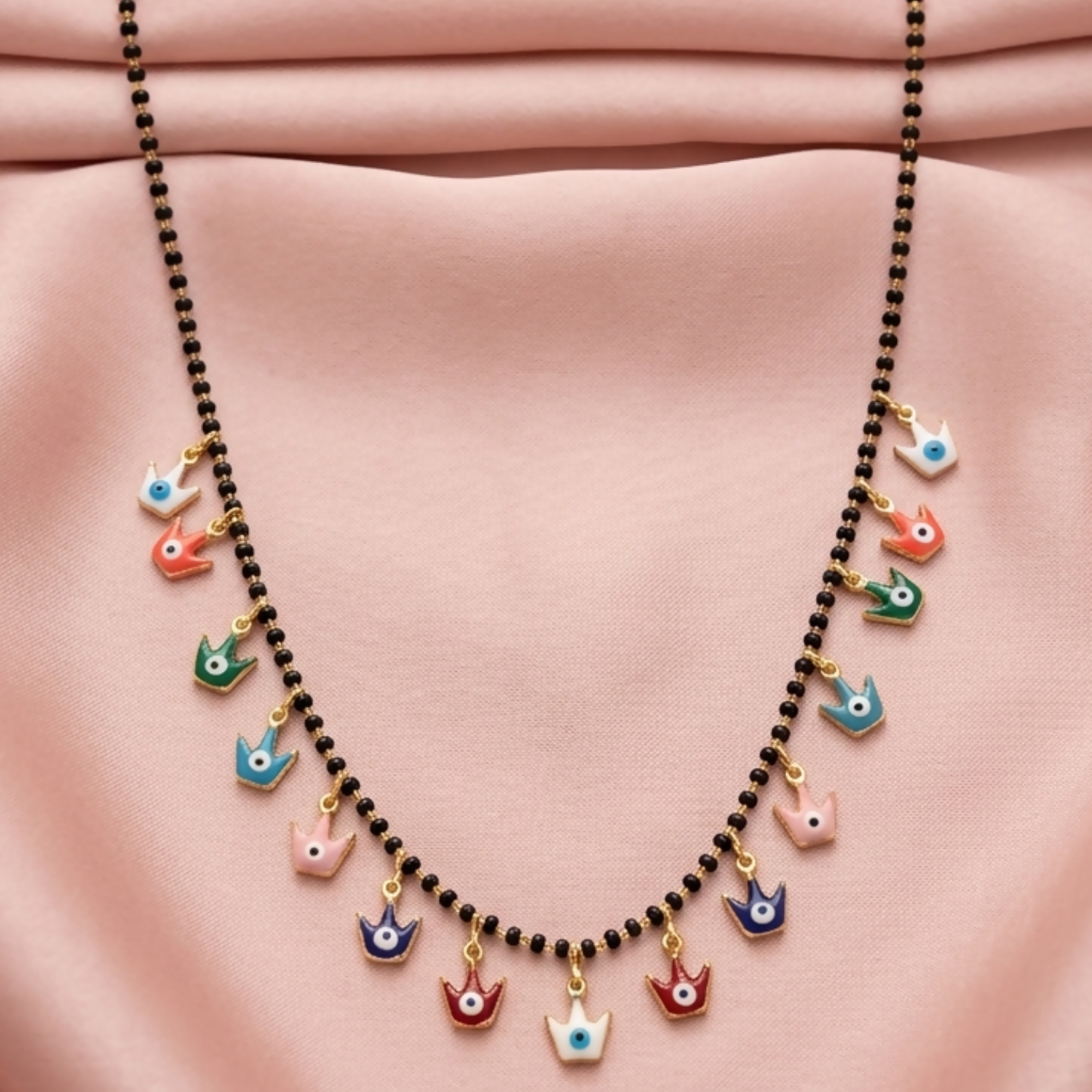Colorful Evil Eye Charm Black Beaded Mangalsutra Necklace with Gold Finish