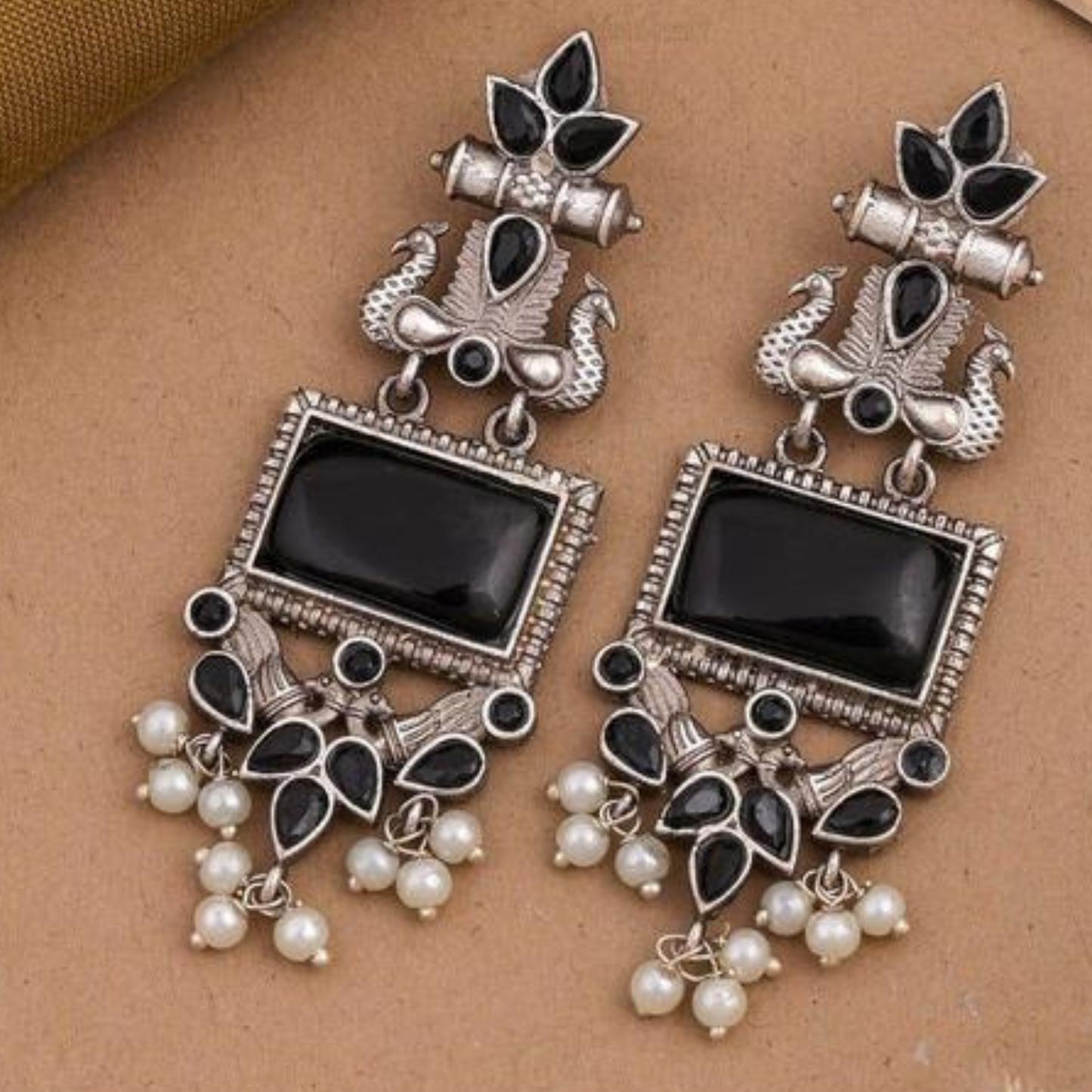 Oxidised Silver Peacock Earrings with Black Stones and Pearl Drops for Women Girls