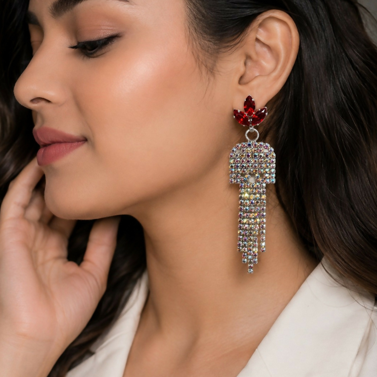 Red Stone Crystal Long Dangle Earrings for Women Party Wear Jewellery