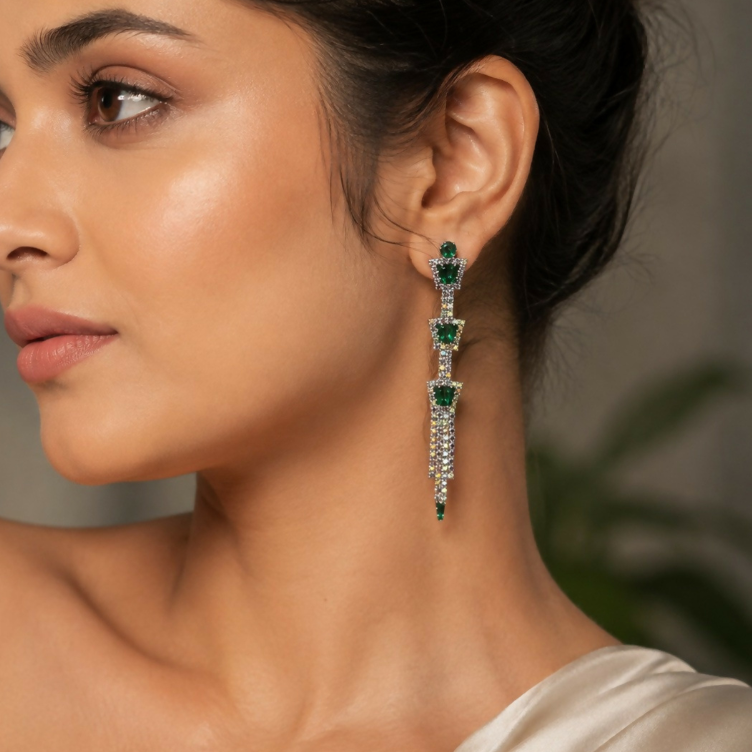 Green Stone Long Drop Earrings for Women Stylish Party Wear Jewellery