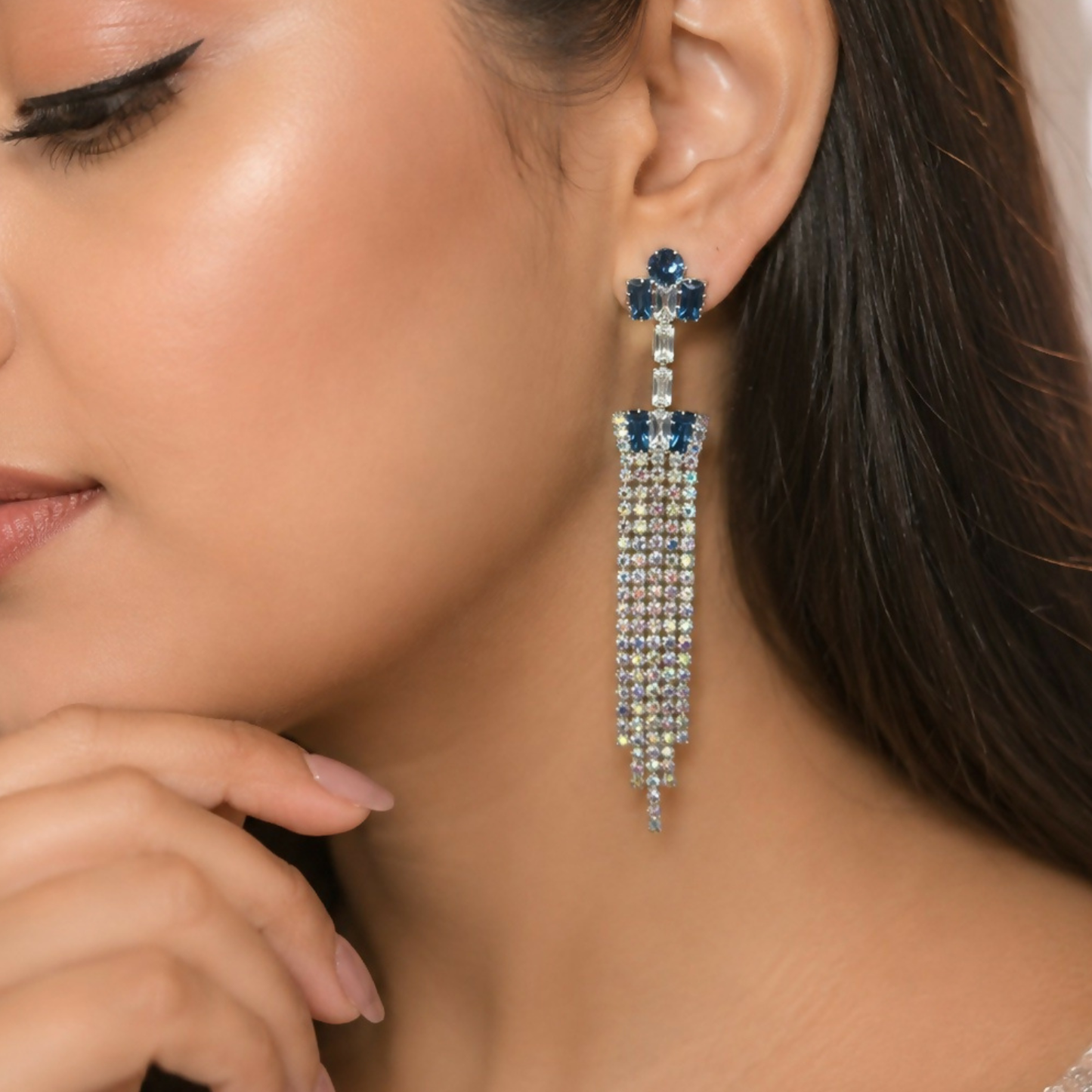 Blue Stone Crystal Long Dangle Earrings for Women Party Wear Jewellery
