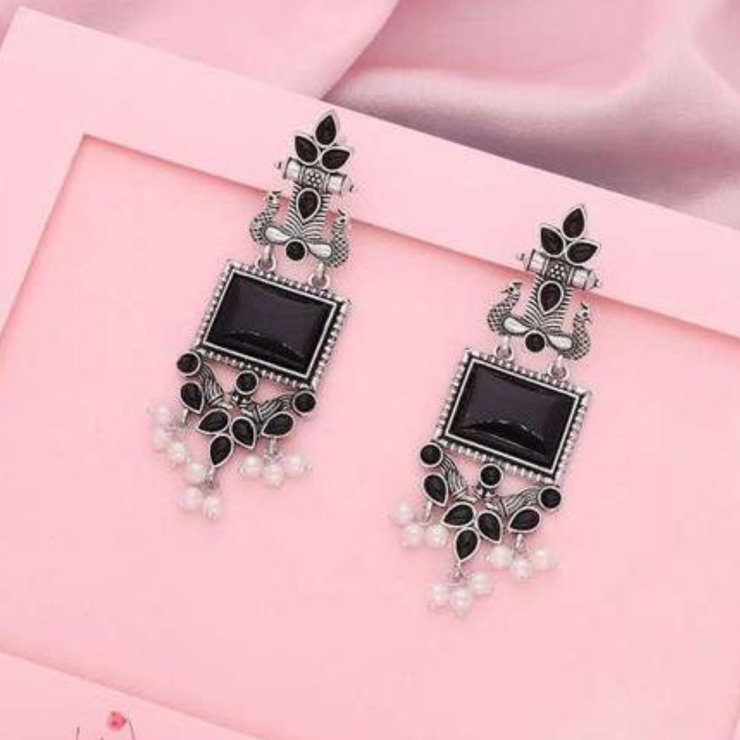 Oxidised Silver Peacock Earrings with Black Stones and Pearl Drops for Women Girls
