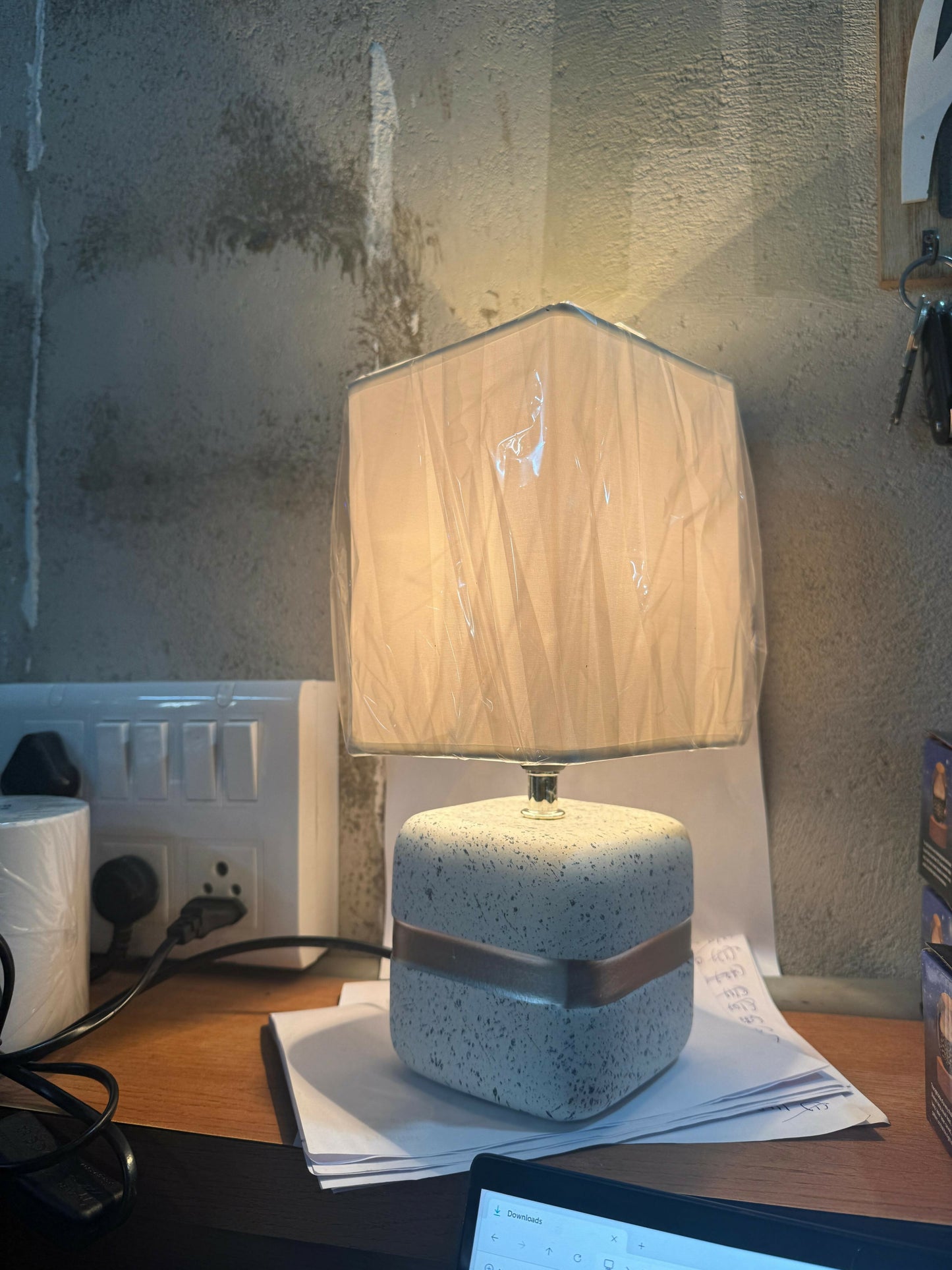 Modern Terrazzo Textured Table Lamp with White Fabric Shade & Golden Accent Band | Luxury Decorative Bedside, Living Room & Study Table Night Lamp | Soft Ambient Lighting for Home Décor