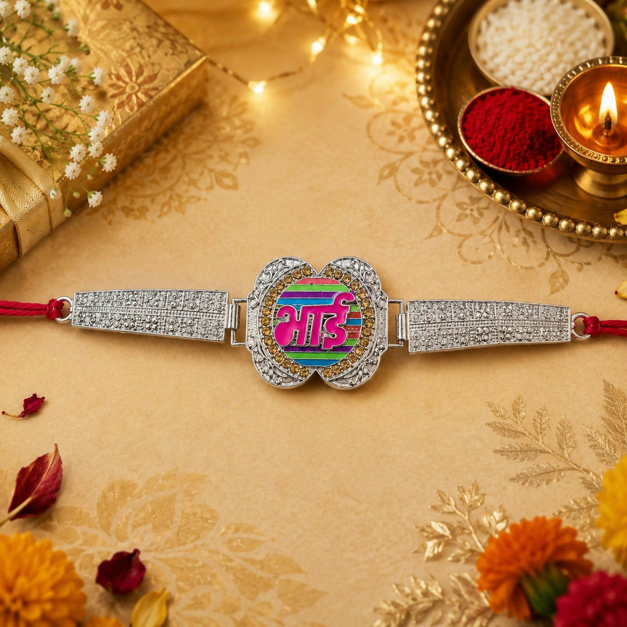 The silver-finished Bhai bracelet with a vibrant centerpiece is displayed on a gold patterned cloth with scattered petals