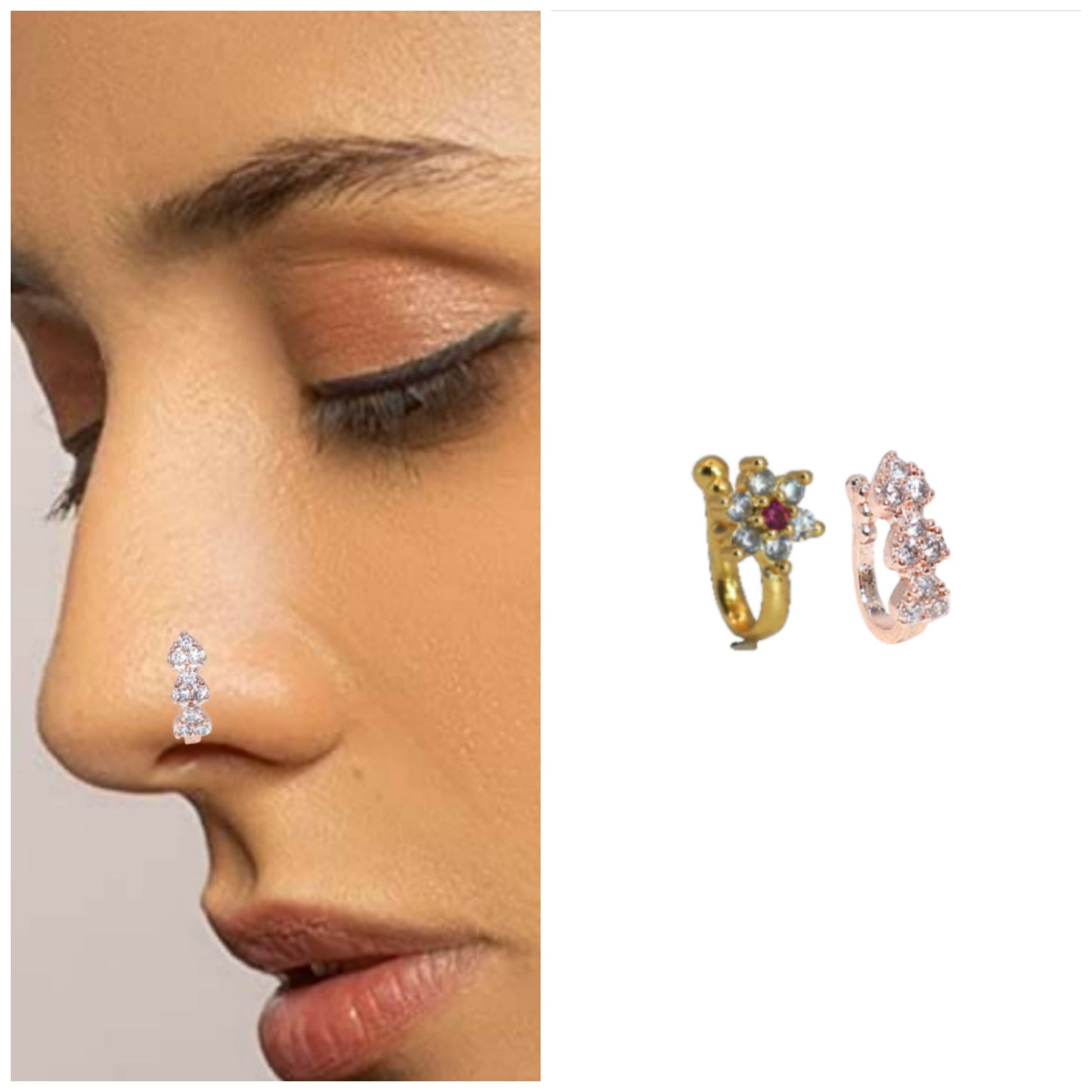 Triple Cluster CZ No Piercing Nose Ring Nath - Gold/Rose Gold Combo Pack of 2