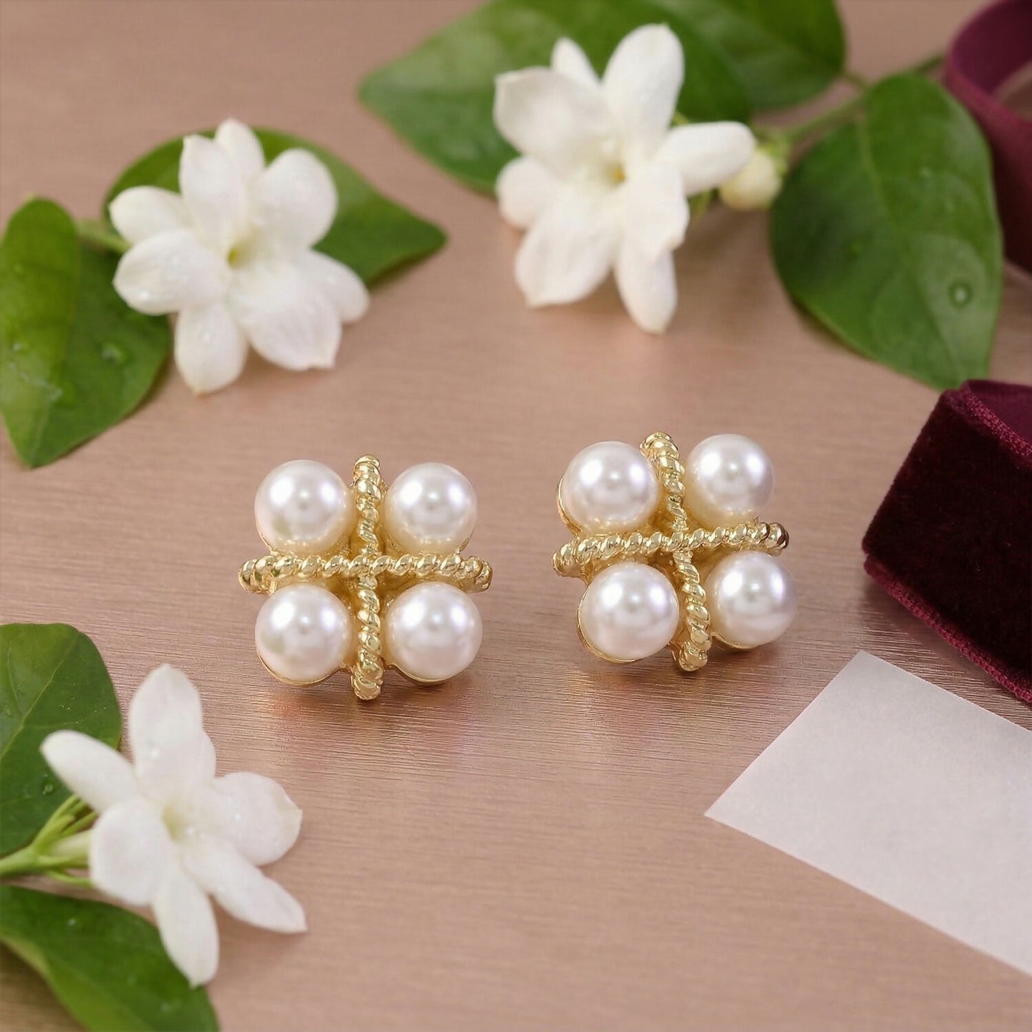 Korean Vintage Twisted Gold & Quad Pearl Studs For Girls And Women