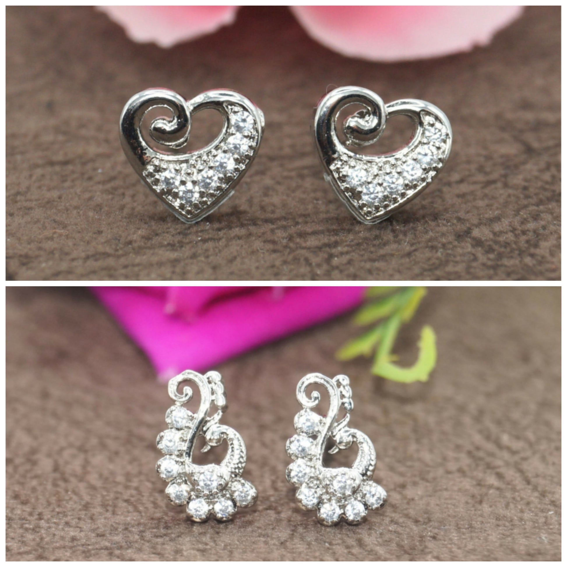 Silver heart stud earrings with cubic zirconia pave detailing