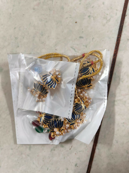 Gold Necklace with Blue Lotus & White Beads Pendant for Women Stylish Jewelry Set