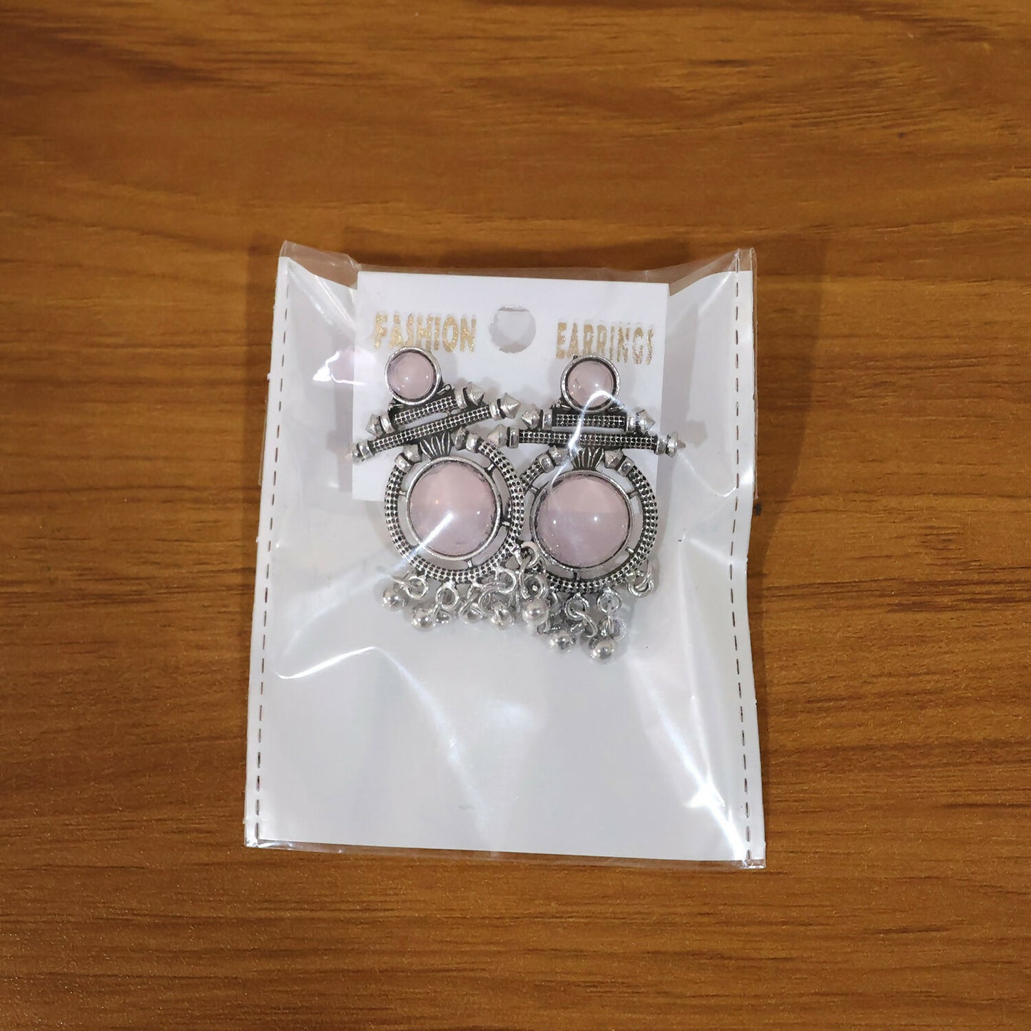 Oxidized Silver Pink Stone Earrings worn view