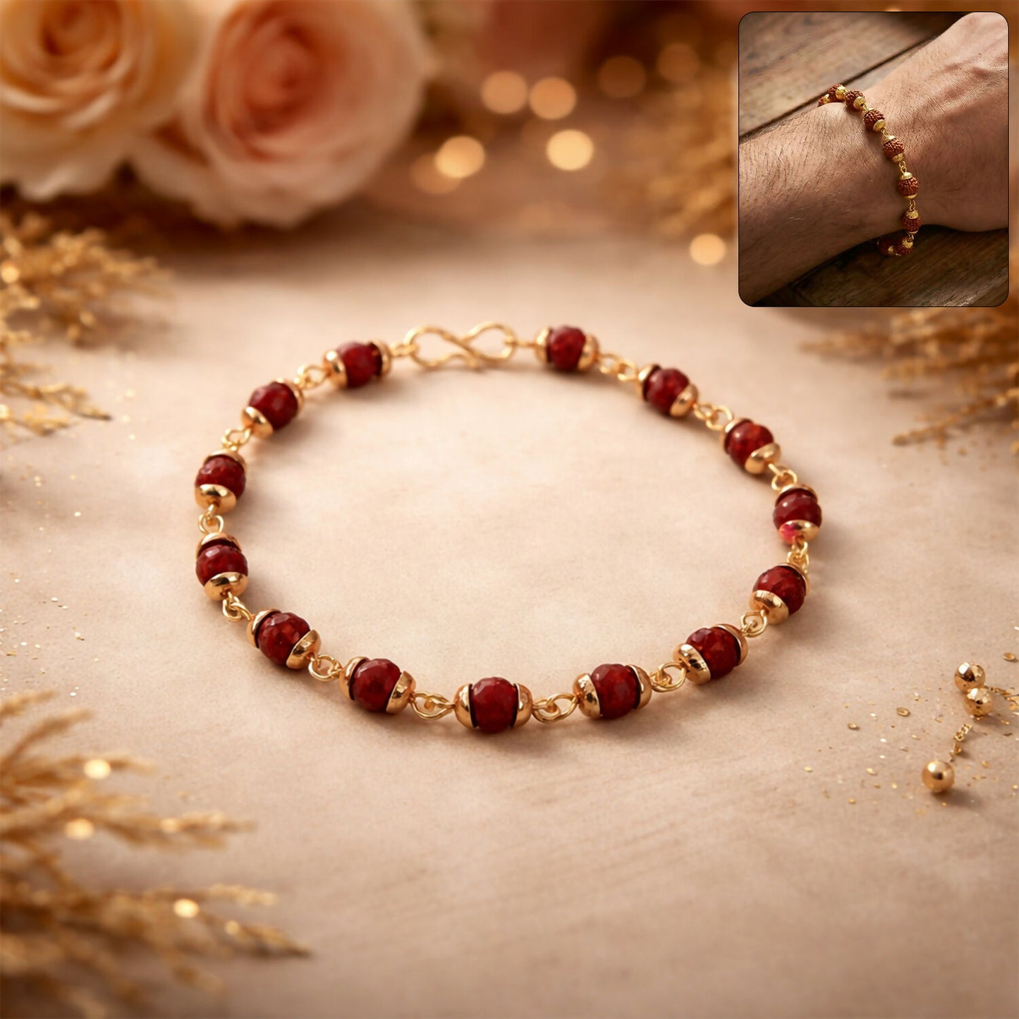 Natural Rudraksha beads and gold accents in jewelry set