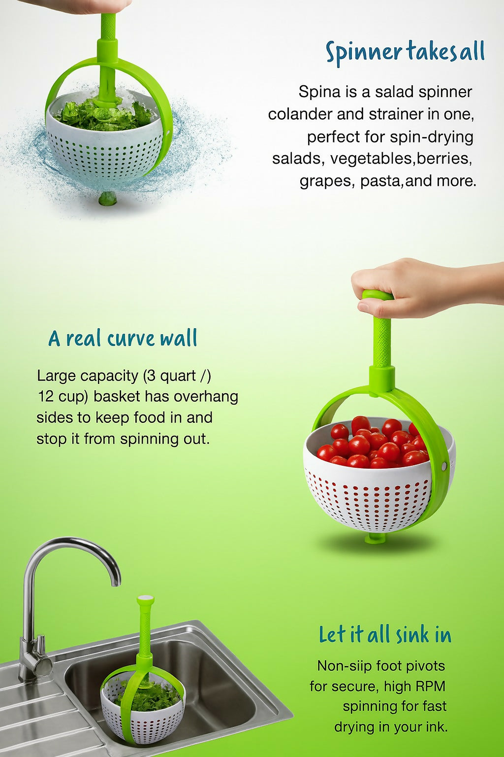 Premium 3-in-1 Salad Spinner Colander & Strainer | High-Speed Manual Spin-Dryer Basket | Large 3 Quart (12 Cup) Capacity with Non-Slip Base & Handle | Perfect for Salads, Vegetables, Fruits, Pasta | BPA-Free