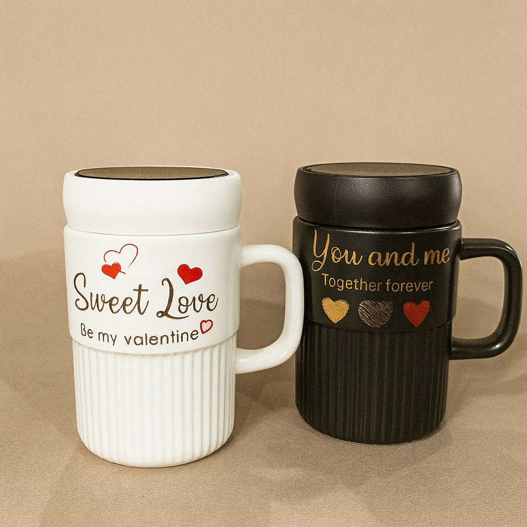 Premium Sweet Love Ceramic Mug with Lid & Spoon | Romantic Valentine Gift Cup for Couples | Leak-Resistant Lid, Large Capacity Coffee/Tea Mug | “Sweet Love” & “You & Me” Printed Heart Design | Microwave Safe | Ideal for Gifting