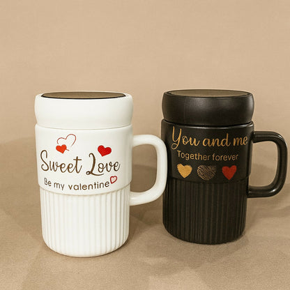 Premium Sweet Love Ceramic Mug with Lid & Spoon | Romantic Valentine Gift Cup for Couples | Leak-Resistant Lid, Large Capacity Coffee/Tea Mug | “Sweet Love” & “You & Me” Printed Heart Design | Microwave Safe | Ideal for Gifting