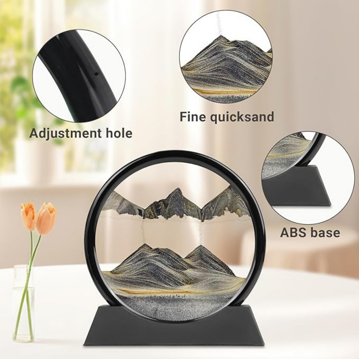 Luxury Round Rotating Moving Sand Art Frame with Black Stand | Premium Flowing Sand Picture for Home & Office Décor | Relaxing Desktop Motion Showpiece for Living Room, Bedroom & Work Desk | Elegant Stress-Relief Kinetic Art Gift