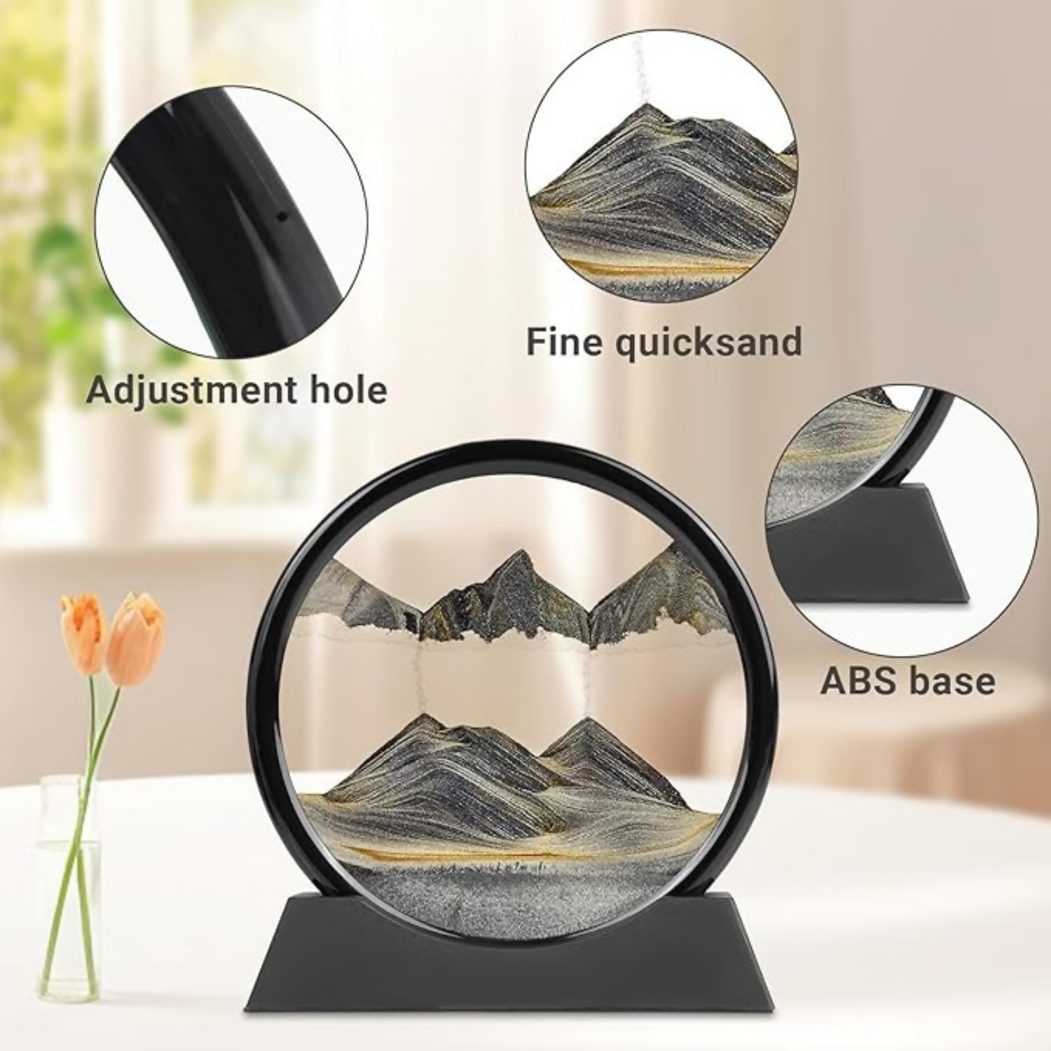 Luxury Round Rotating Moving Sand Art Frame with Black Stand | Premium Flowing Sand Picture for Home & Office Décor | Relaxing Desktop Motion Showpiece for Living Room, Bedroom & Work Desk | Elegant Stress-Relief Kinetic Art Gift
