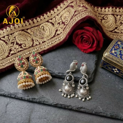 Traditional Jhumka & Oxidized Peacock Earrings Set of 2