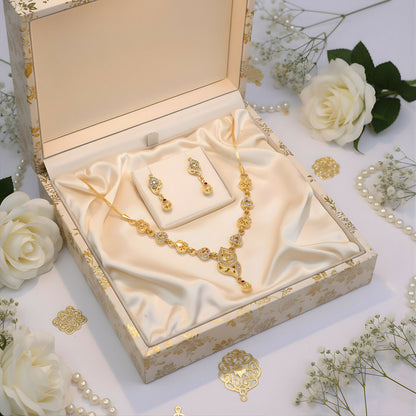 Elegant Gold-Tone Heart Motif Necklace Set with Designer Pendant & Matching Drop Earrings