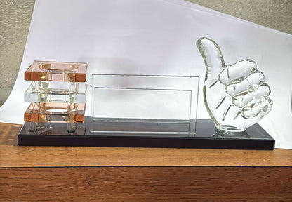 Premium Glass Desk Organizer with Thumbs-Up Sculpture, Transparent Business Card Holder & Stacked Amber Crystal Pen Stand for Office, Study Table & Corporate Gifting