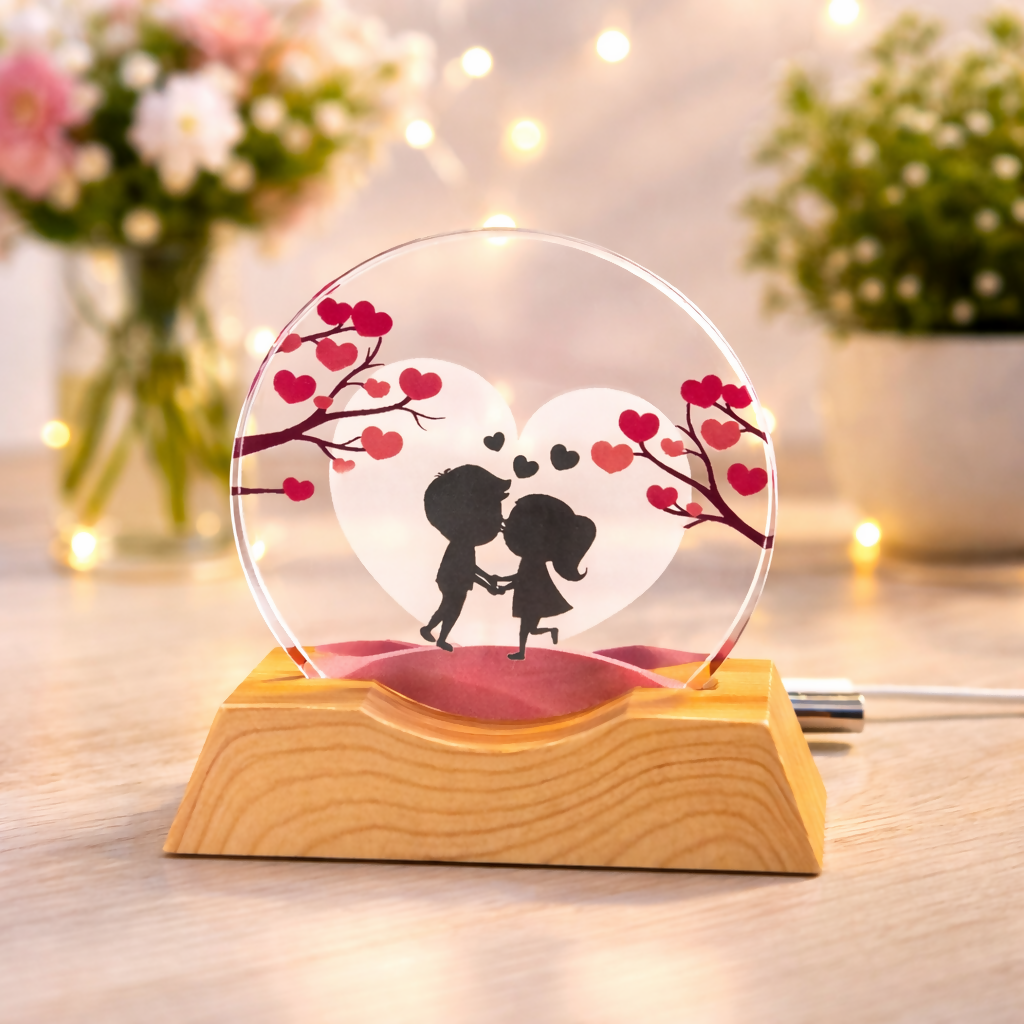 Romantic Couple LED Acrylic Lamp with Wooden Base | USB Powered Night Light