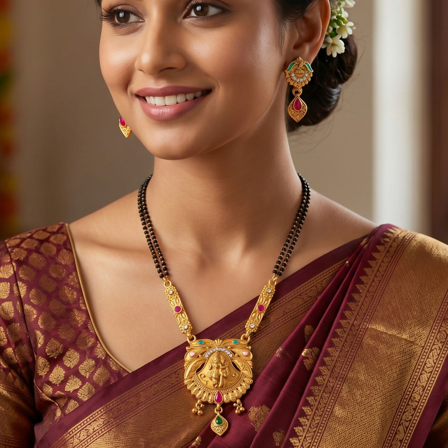 Antique Finish Radha Krishna Deity Oval Pendant with Crescent Drop Earring Set Double Strand Mangalsutra