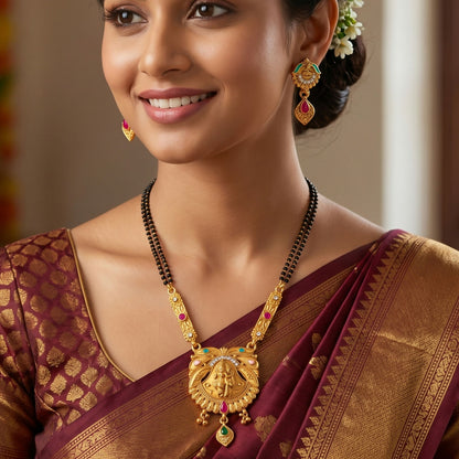 Antique Finish Radha Krishna Deity Oval Pendant with Crescent Drop Earring Set Double Strand Mangalsutra