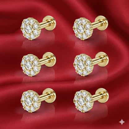 Diamond cluster flat back stud earrings front view showing flower design