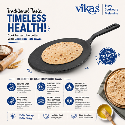 Side angle of Vikas Cast Iron Roti Tawa on stove