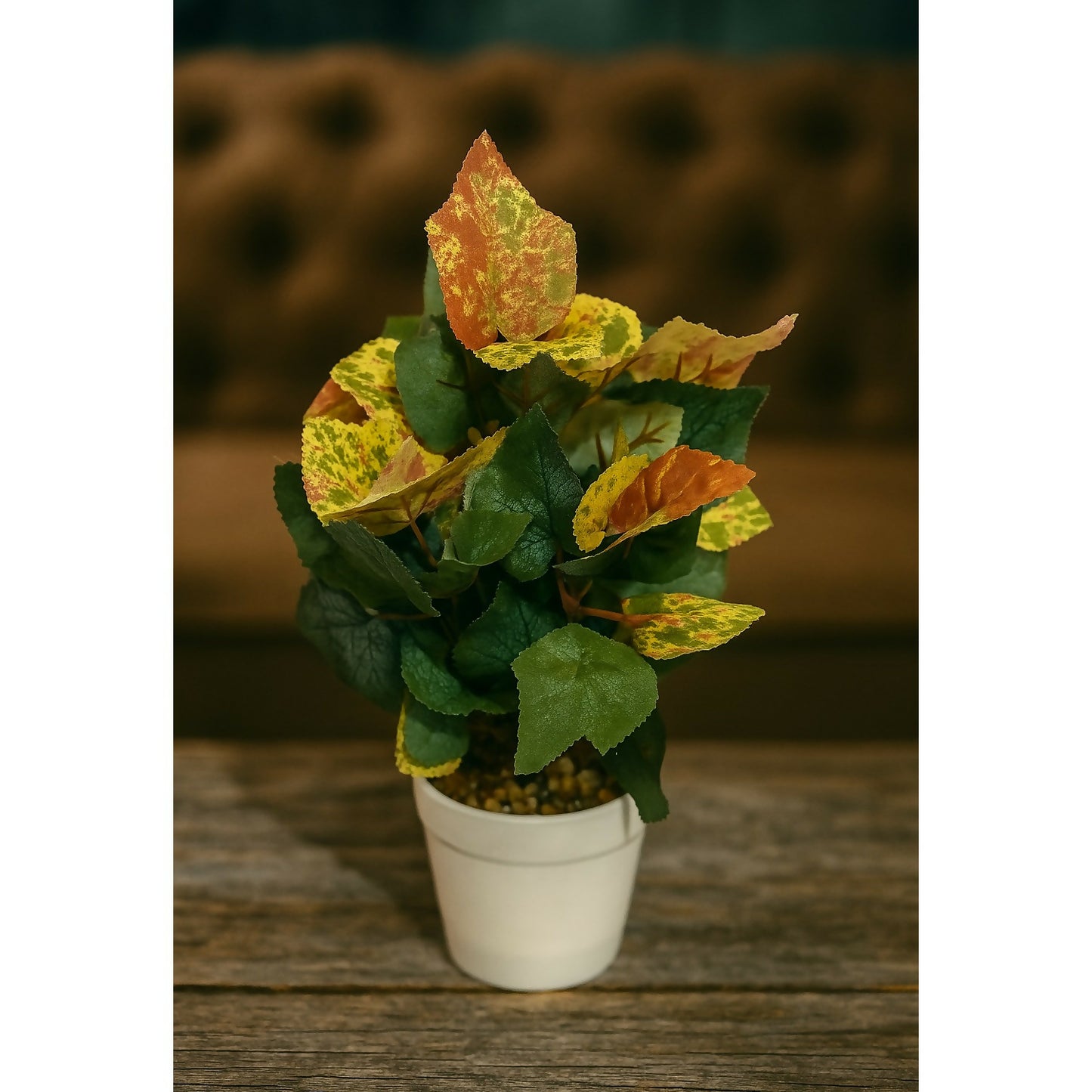 Artificial Decorative Plant with Dual-Tone Leaves in White Pot – Realistic Faux Indoor Tabletop Plant for Home, Office, Living Room, Bedroom, Study Table, and Gifting – Low Maintenance Greenery