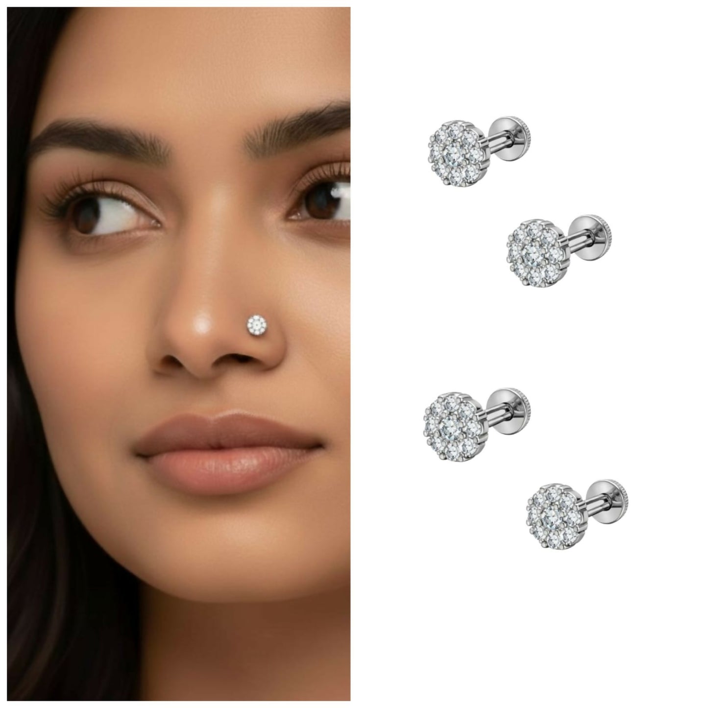 Floral cluster silver plated nose pin with sparkling crystals on white background