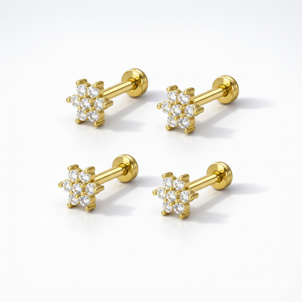 Flat back design detail of gold plated crystal flower nose stud for snag-free comfort
