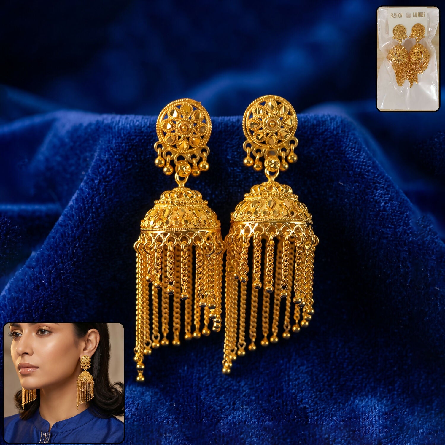 Golden Long Tassel Jhumka Earrings - Traditional Festive Jewellery