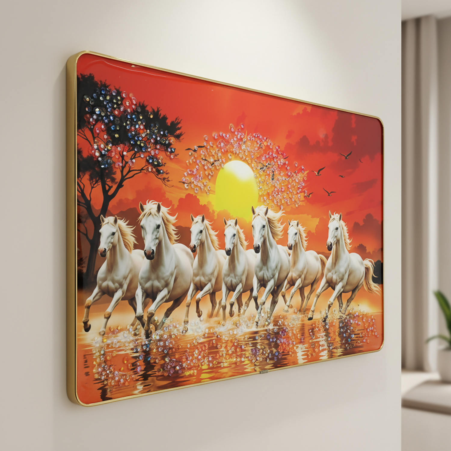 Seven Running Horses Sunrise Wall Art for Living Room Decor Frame