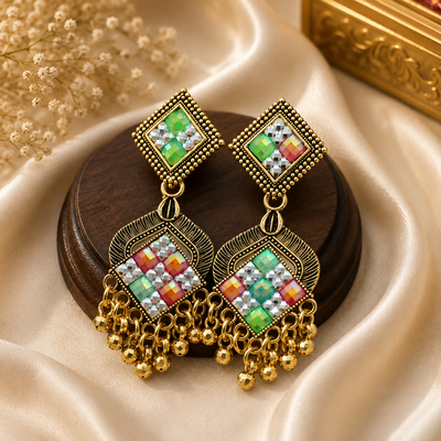 Multicolor Antique Gold Plated Designer Earrings for Women | Geometric Kundan Style