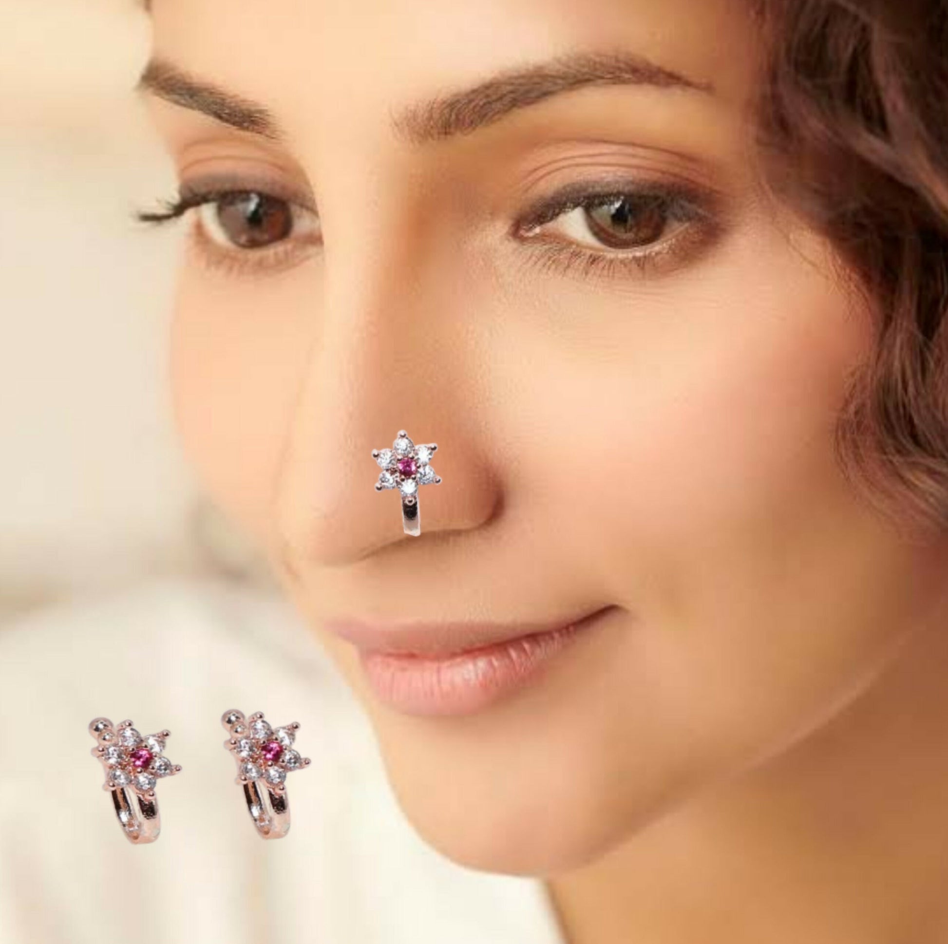 Pink Stone Floral Diamond-Cut Nosepin for Women Combo Pack of 2