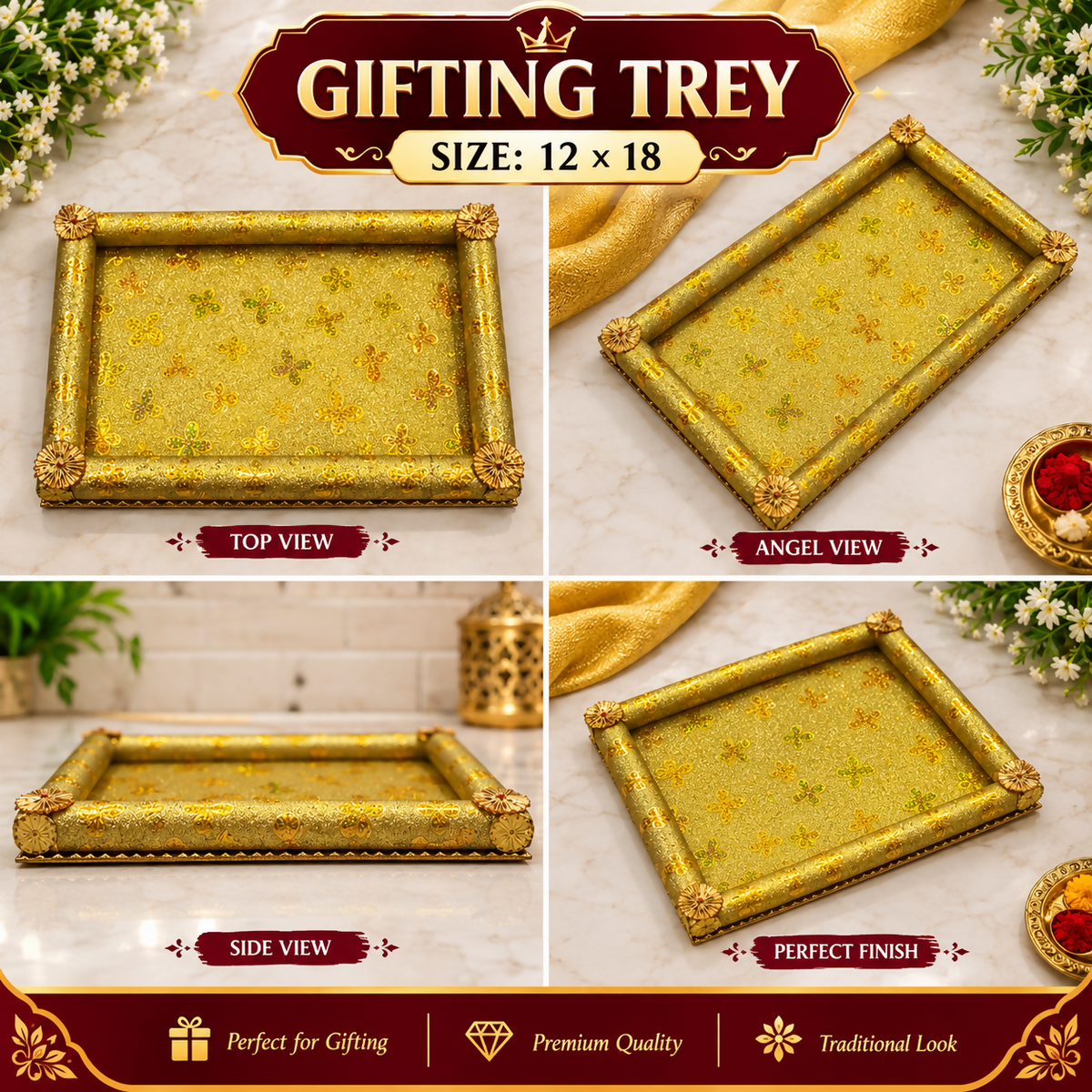 Four views of the golden tray are shown, highlighting its top, side, and an angled perspective on a marble surface.