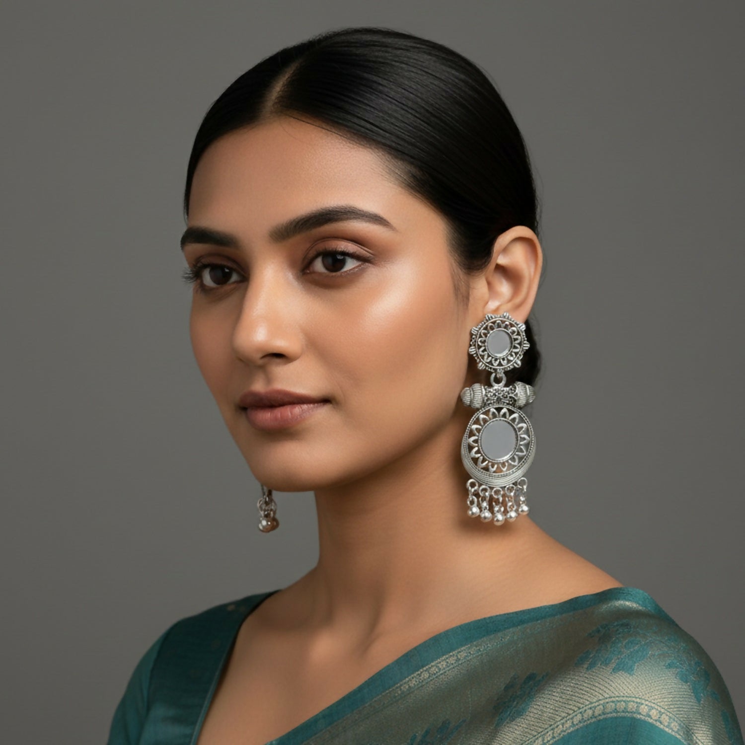 Oxidised Mirror Work Drop Jhumka Earings