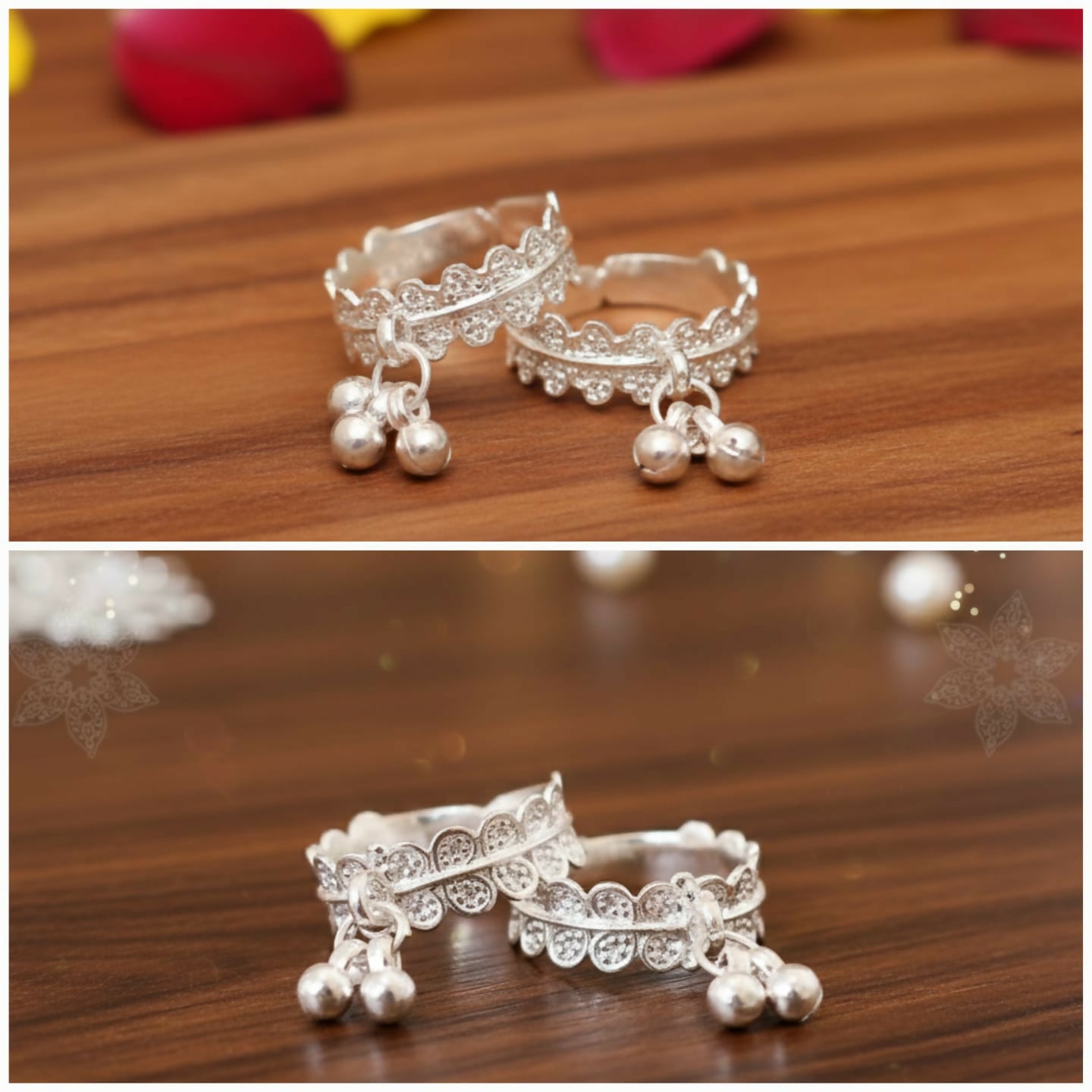 Silver plated toe ring featuring delicate scalloped filigree work and small ghungroo bells