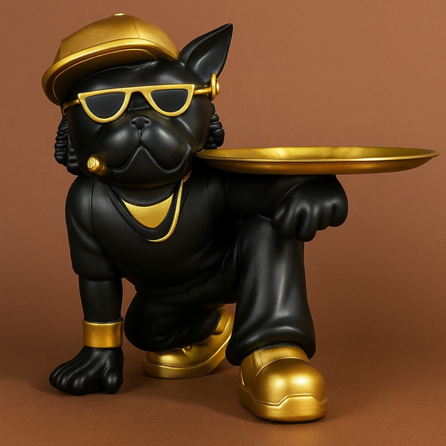 Luxury Black & Gold Bulldog Butler Figurine with Tray – Stylish Resin Dog Showpiece Wearing Cap & Sunglasses – Funky Modern Art Decorative Tray Stand for Keys, Coins & Snacks – Premium Home & Office Décor Gift