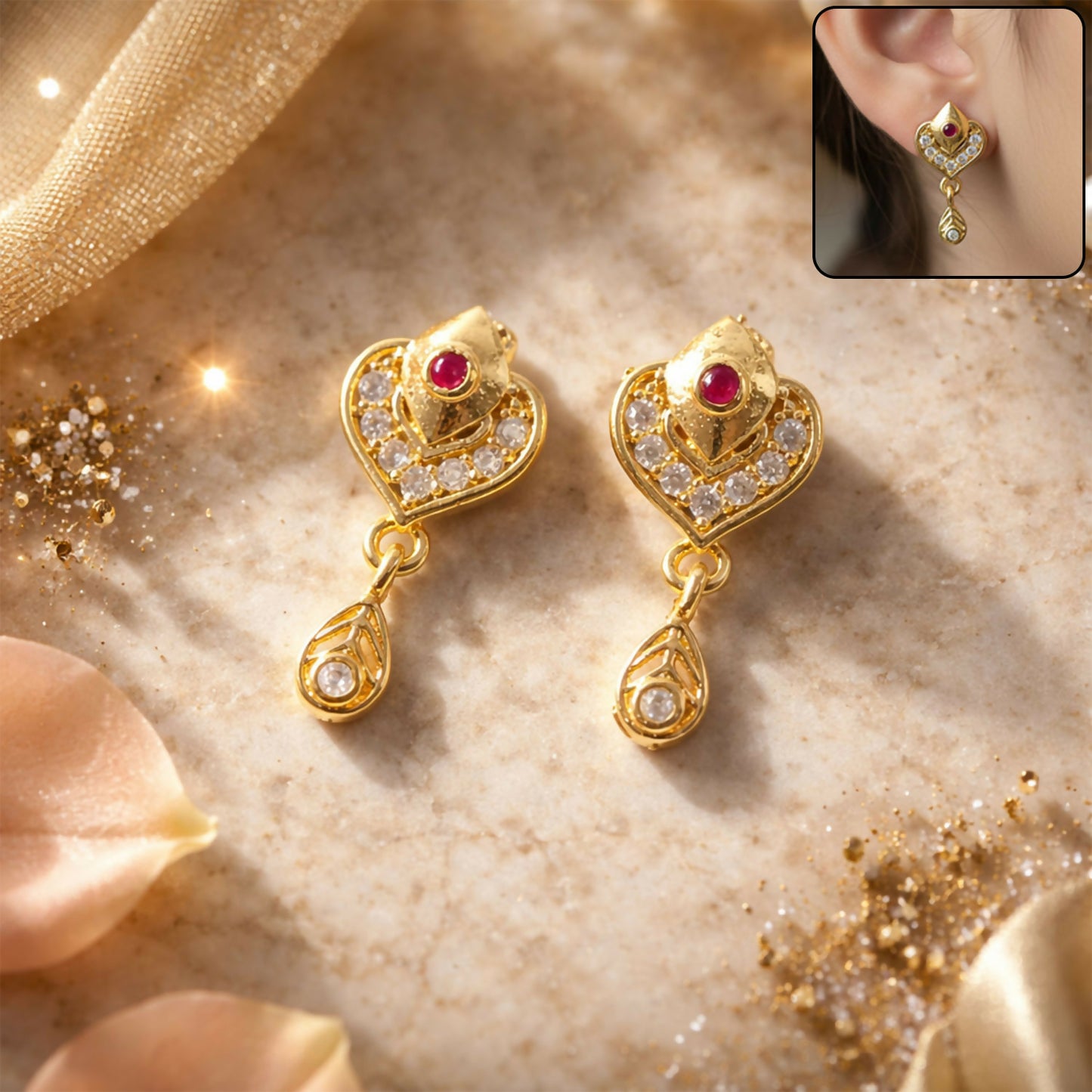 Royal Gold Heart Drop Earrings with Ruby and Crystal Accents front view