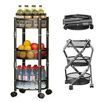 Charmy Collapsible 3-Tier Kitchen Trolley with Wheels | Foldable Metal Mesh Storage Rack | Heavy-Duty Vegetable & Fruit Basket Stand | Multipurpose Utility Cart for Home & Office