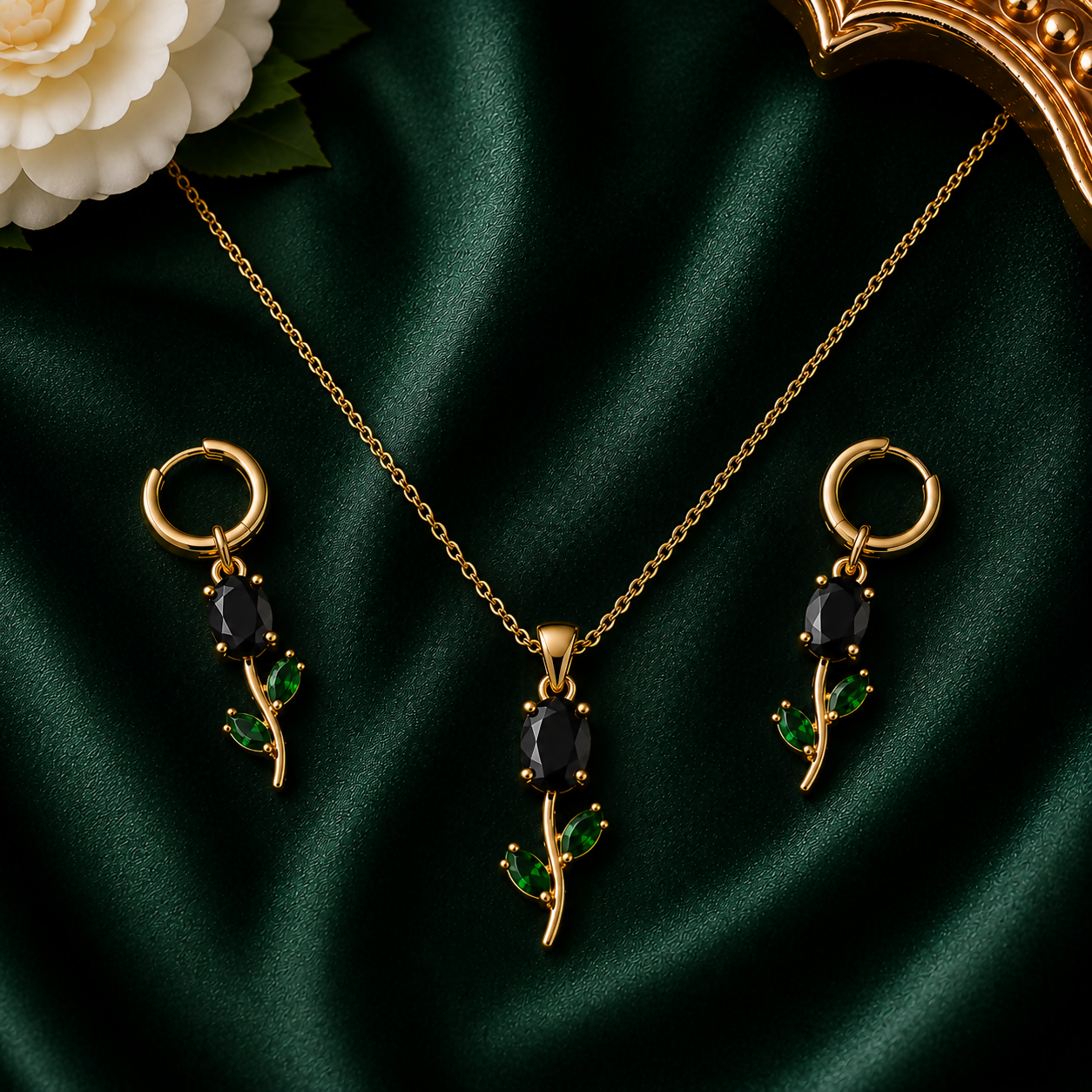 Black Stone Gold-Plated Necklace Set for Women with Green Leaf Earrings displayed.