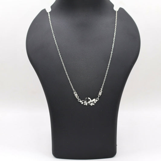 Elegant silver tone double butterfly bar pendant necklace on chain