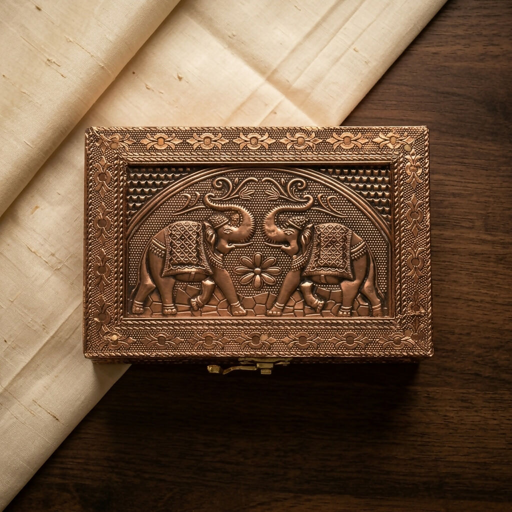 Full view copper elephant embossed jewelry box