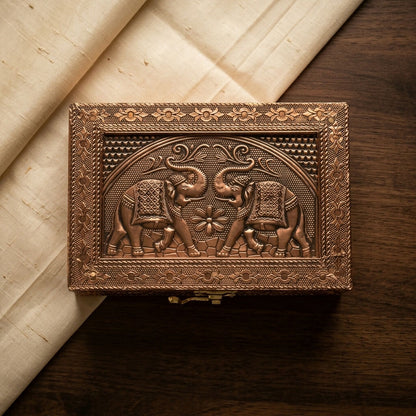 Full view copper elephant embossed jewelry box