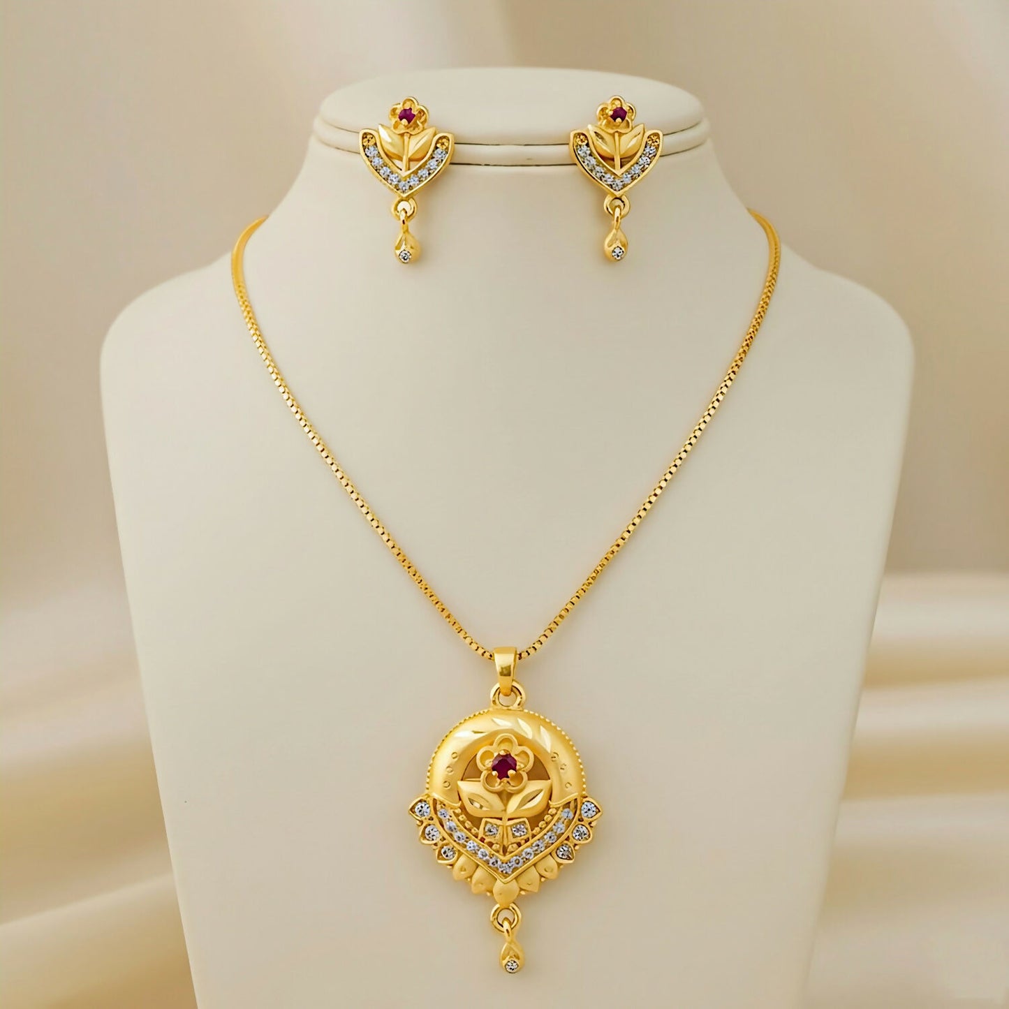 Elegant Gold-Plated Floral Bloom Jewelry Set: Pendant, Chain, and Earrings