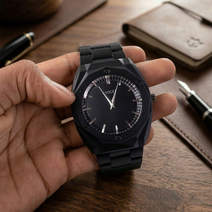 Luxury Matte Black Analog Watch with Geometric Dial Design & Metal Strap